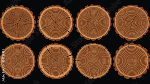Collection of realistic wood tree trunk cross sections with annual rings and cracks, natural timber slices for forestry, rustic design