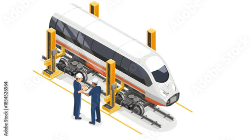 Illustration of two technicians inspecting a white and orange train on a yellow lift in a maintenance facility.