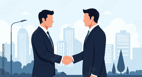 Two professional businessmen in formal suits shaking hands to finalize a successful partnership agreement with a modern city skyline in the background.