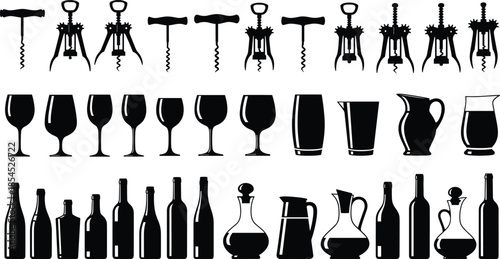 Collection of wine corkscrews glasses bottles and decanters in black silhouette vector set isolated on white background for design