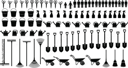Garden tools silhouette collection with buckets shovels rakes watering cans wheelbarrows and people icons, farming equipment black vector illustration