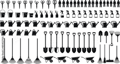 Garden tools silhouette set with buckets watering cans shovels rakes wheelbarrows spray bottles and workers icons, agriculture equipment illustration
