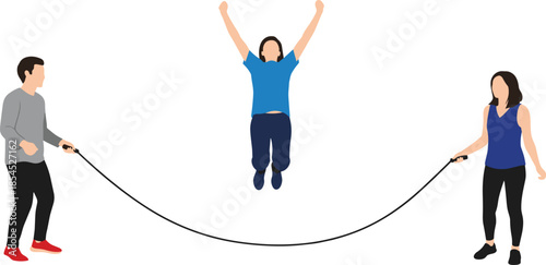 Group jump rope exercise illustration showing teamwork fitness training cardio workout and active lifestyle concept isolated on white background
