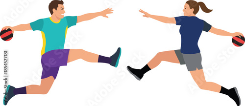 Handball sports illustration featuring male and female players leaping and passing ball during fast paced competitive match action isolated on white