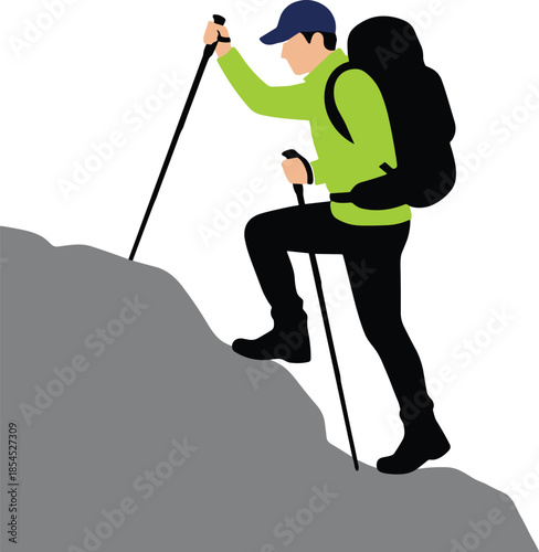 Hiker climbing mountain with trekking poles and backpack illustration representing adventure travel outdoor sport hiking endurance and exploration concept