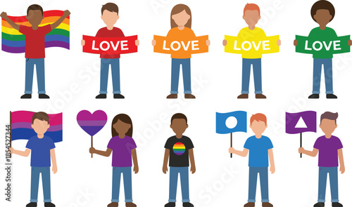 Illustrated diverse people holding love signs and pride flags celebrating LGBTQ equality, inclusion, unity, acceptance, and human rights