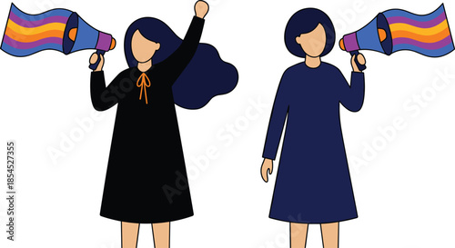 Illustrated women holding rainbow megaphones promoting LGBTQ pride, equality, inclusion, activism, and human rights in modern flat vector style