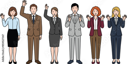 Illustration of diverse business team raising hands celebrating success teamwork leadership participation in modern corporate office environment culture concept diversity