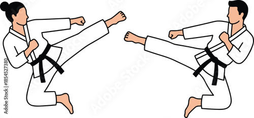 Karate martial arts illustration showing male and female athletes performing synchronized high kicks during dynamic combat training on white