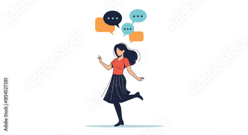 Happy young woman walking and multitasking, juggling multiple conversations and ideas represented by colorful speech bubbles above her.