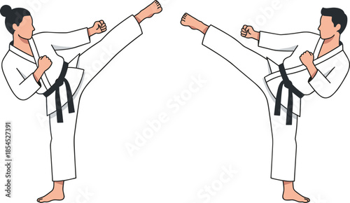 Karate martial arts illustration featuring male and female athletes performing powerful high kicks during disciplined combat training isolated on white