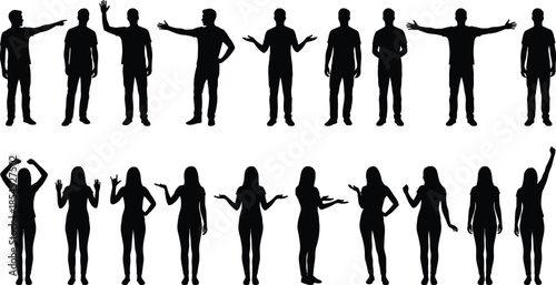 Male and female business people silhouettes set with various standing gestures isolated on white background for design projects