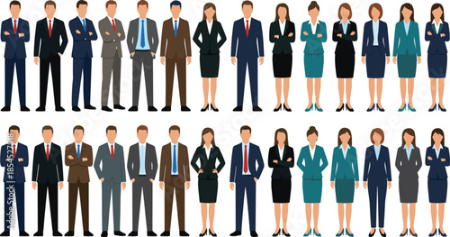 Large group of business professionals illustration showing diverse men and women in formal office attire isolated on white background