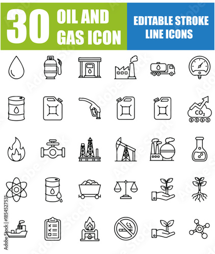 Oil and Gas Icon Set, Energy Industry and Petroleum Refinery Editable Line Icons, Vector Illustration Containing Oil Well, Gas Pump, Offshore Platform, Barrel, Tanker Truck, Pipeline, Refinery, Drill 