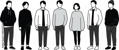 Minimalist faceless illustration of modern young people standing in casual streetwear outfits, trendy characters collection isolated on white background