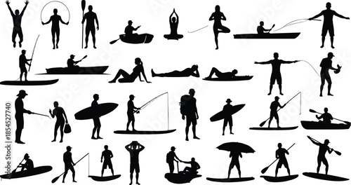 Outdoor sport and fitness silhouette icons collection showing kayaking fishing yoga surfing training exercises and active leisure lifestyle activities