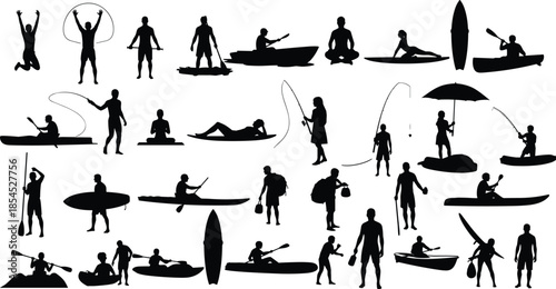 Outdoor sport and leisure activity silhouette icons set featuring kayaking fishing yoga surfing fitness training and adventure recreation concepts