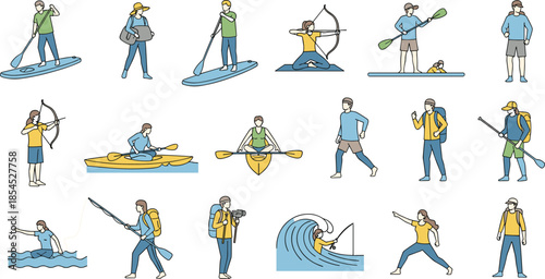 Outdoor sport and leisure activity illustration set featuring yoga kayaking surfing hiking archery paddling adventure lifestyle concepts outdoor