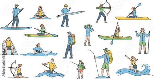Outdoor sports and leisure activities illustration set featuring yoga surfing kayaking fishing hiking archery paddleboarding and active lifestyle concepts