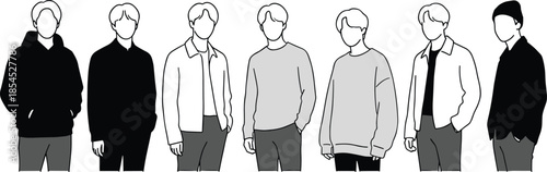 Minimalist faceless illustration of young men standing in casual fashion outfits, modern male characters collection isolated on white background