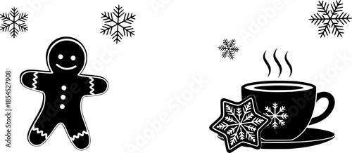 Minimalist winter design with gingerbread cookie and hot drink
