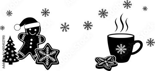 Minimalist winter design with gingerbread cookie and hot drink
