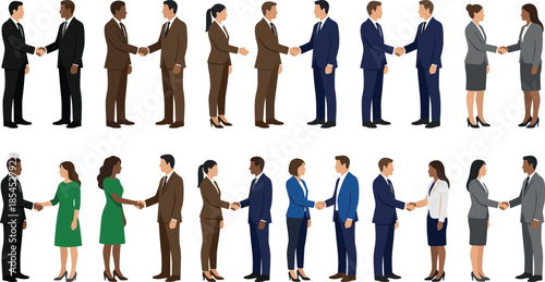 Professional business people shaking hands in multiple scenarios representing corporate agreement partnership teamwork isolated on white background modern flat vector illustration