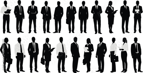 Professional business people silhouettes standing in organized rows representing modern corporate workforce leadership teamwork and office culture isolated on white background flat vector illustration
