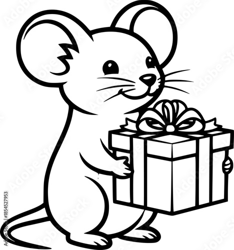 Cute cartoon mouse holding gift in simple black outline style
