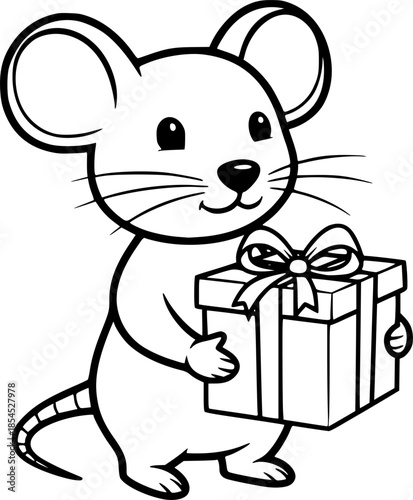 Cute cartoon mouse holding gift in simple black outline style
