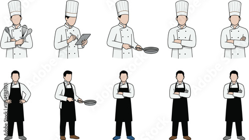 Professional chef character set with cooks in white uniforms and black aprons holding kitchen tools isolated on white background vector