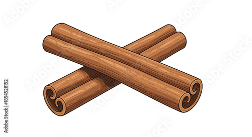 Two realistic cinnamon sticks crossed over each other, illustrated in a detailed vintage engraving style on a white background.