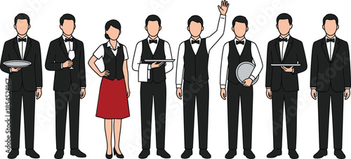 Professional restaurant waiter and waitress staff characters in formal uniforms holding trays representing hospitality service isolated on white background vector illustration