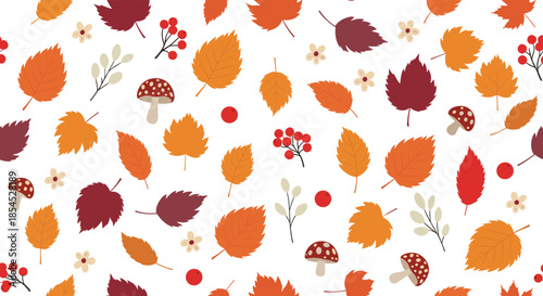 Charming seamless autumn pattern with colorful fall leaves, red berries, and cute mushrooms scattered on a clean white background.