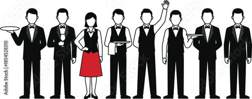 Restaurant waiter and waitress staff characters in formal uniforms holding trays representing professional hospitality service isolated on white background vector illustration