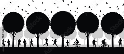 Scenic park silhouette with people walking, children playing and cyclists enjoying nature under trees with flying birds in peaceful outdoor environment