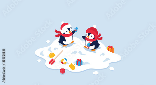 Two adorable cartoon penguins wearing festive hats and scarves have a fun snowball fight in the snow during the winter holidays.