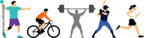 Set of athletes performing diverse sports activities including cycling weightlifting baseball running and fitness training isolated flat vector illustration