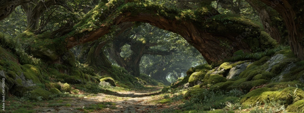 Obraz premium Forest pathway scene with lush green trees and moss covered rocks landscape