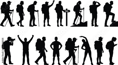Silhouette collection of hikers walking, trekking, celebrating and exploring nature with backpacks and trekking poles on outdoor adventure travel journey