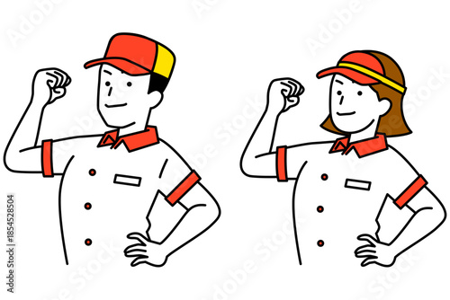 ファストフード店の頼もしい男女の店員　セット