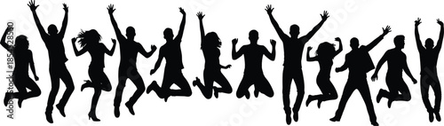 Silhouette group of happy people jumping in air celebrating freedom joy friendship success, energetic crowd party celebration illustration background