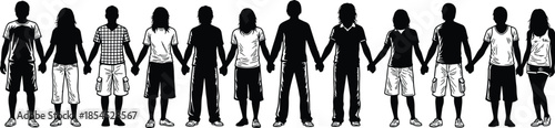 Silhouette group of diverse young people standing together hand in hand symbolizing unity, teamwork, friendship and community support on white background