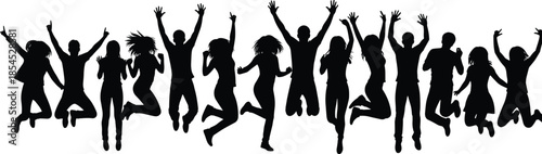 Silhouette group of happy people jumping in celebration, energetic friends enjoying freedom, joy, success and positive lifestyle party illustration