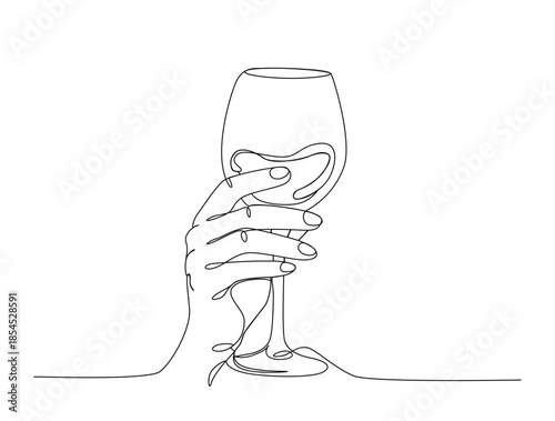 Minimalist Continuous Line Continuous one line drawing of abstract hand holding the wine glass. simple wine glass line art vector illustration.