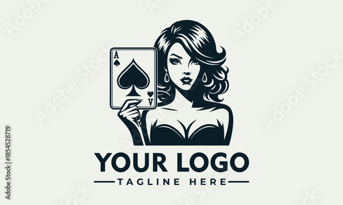 Vector logo design featuring a woman holding poker cards with a spade suit on a clean white background for branding and advertising purposes.