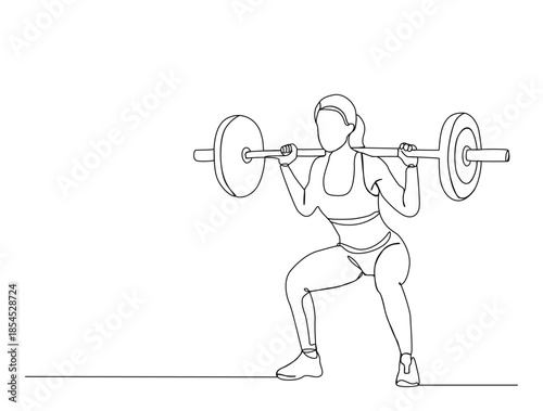 Continuous line art drawing of Woman Performing Barbell Squat. Editable stroke.