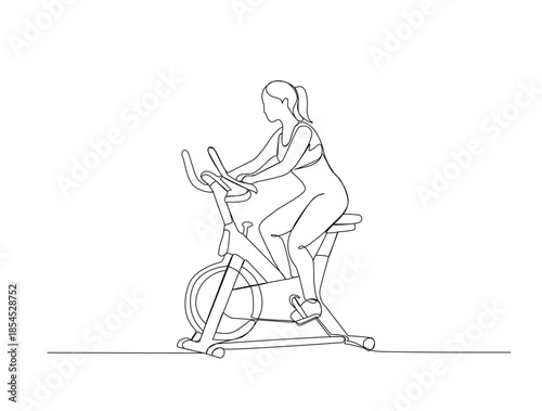 Minimalist Continuous Line Drawing of a Woman Training on a Stationary Exercise Bike. Editable stroke.