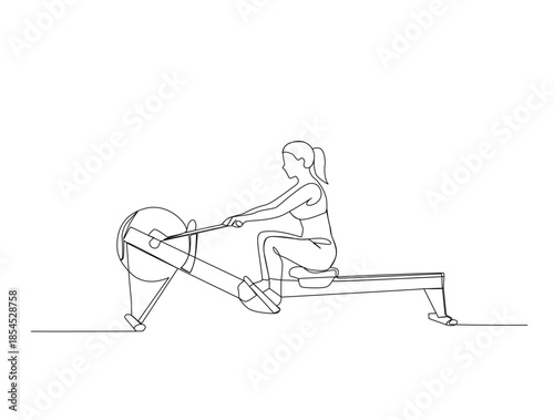 Minimalist Continuous Line Drawing of a Woman workout Woman Using a Rowing Machine. Editable stroke.
