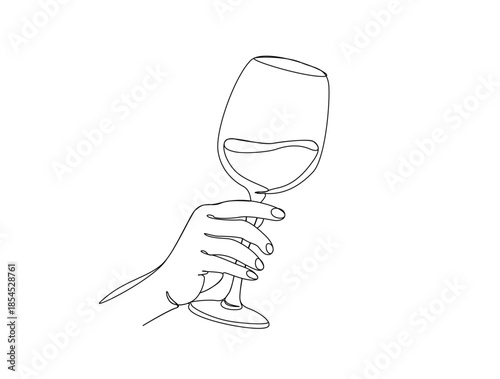Minimalist Continuous Line Continuous one line drawing of abstract hand holding the wine glass. simple wine glass line art vector illustration.